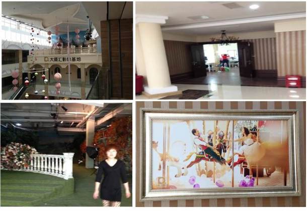 Um cenário que me pareceu a Floresta do Chapeuzinho Vermelho (!?!?); o que conseguimos fotografar de um estudio interno; a Chinesa que resolveu tomar conta de nós; e finalmente uma foto finalizada e com muito photoshop, com certeza (estava pendurada ao lado de um estúdio).