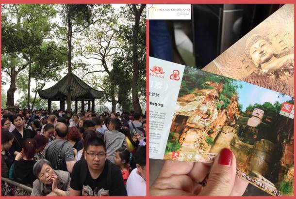 Os ingressos e a fila para descer ao pé do Buddha.