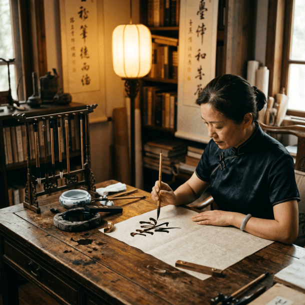Woman writing Chinese calligraphy with brush on paper