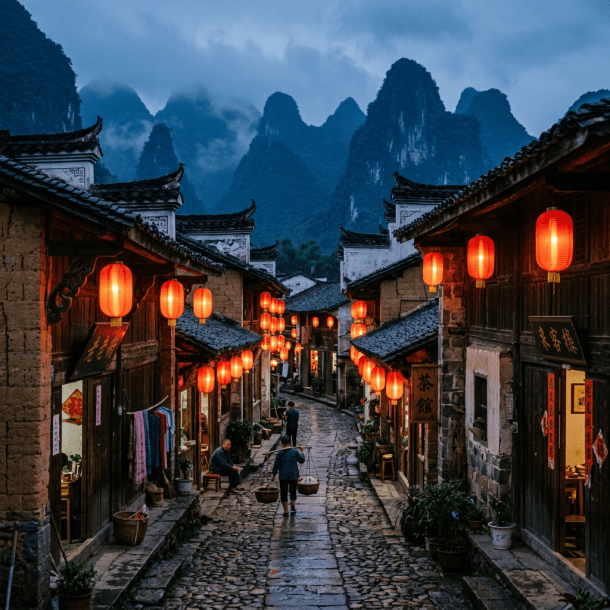 Cobblestone street in a traditional Chinese village with glowing red lanterns and mountains in the background
