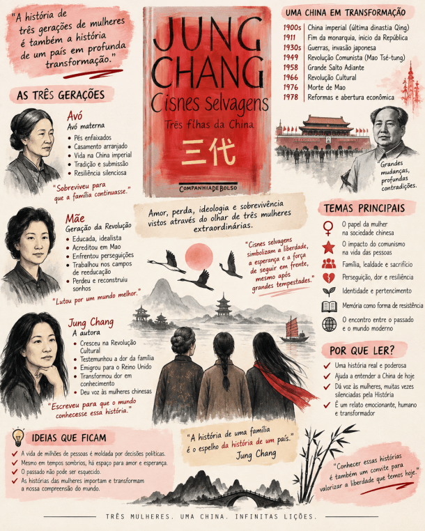 Ilustração sobre o livro 'Cisnes Selvagens' de Jung Chang, destacando três gerações de mulheres na China, com informações sobre suas vidas e o contexto histórico do país.