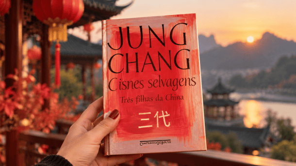 Uma pessoa segurando o livro 'Cisnes selvagens' de Jung Chang, com um cenário de fundo que inclui lanternas vermelhas e uma paisagem montanhosa ao entardecer.