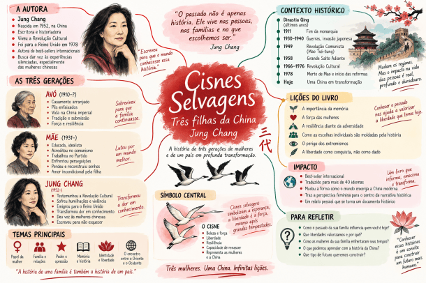 Infográfico sobre 'Cisnes Selvagens', livro de Jung Chang, destacando a autora, as três gerações de mulheres na China, contexto histórico, temas principais e lições do livro.